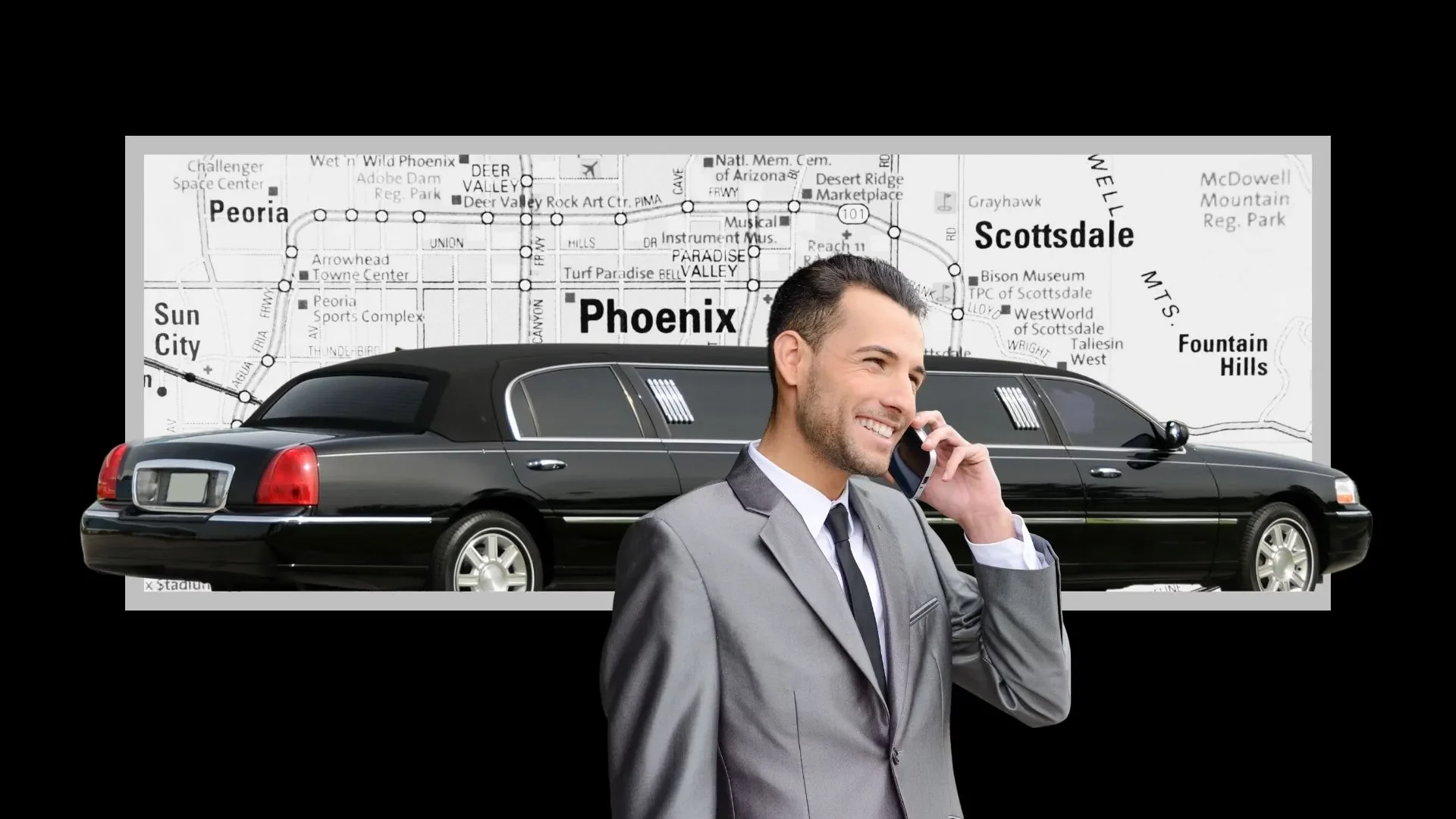 Map of Scottsdale and Paradise Valley with executive on phone I front of limousine service